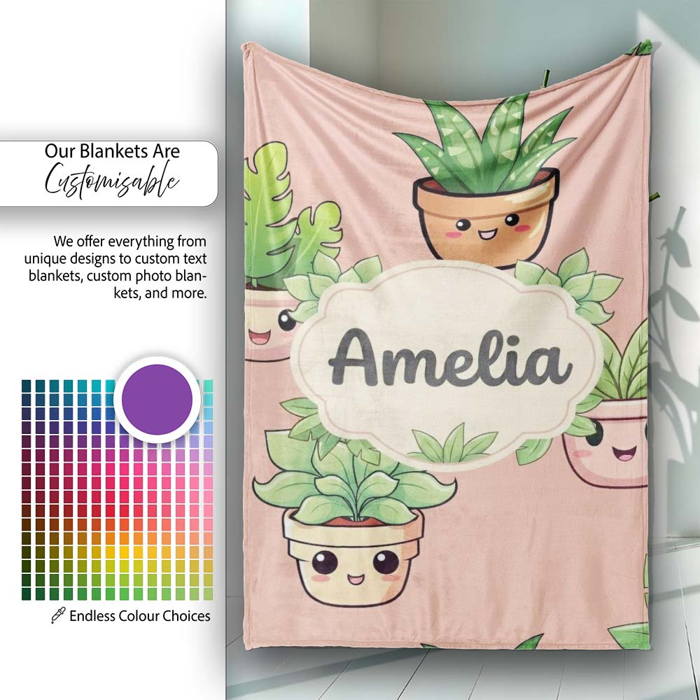 Cute Kawaii Smiling Plant Pots Leaves Seamless Pattern Beige Lovely  Personalised Custom Name Super Soft Fleece Blanket Bed Sofa Throw
