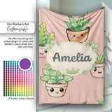 Cute Kawaii Smiling Plant Pots Leaves Seamless Pattern Beige Lovely  Personalised Custom Name Super Soft Fleece Blanket Bed Sofa Throw