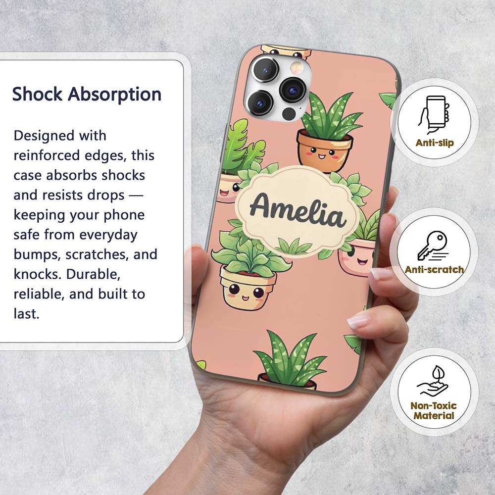 Cute Kawaii Smiling Plant Pots Leaves Seamless Custom Name Protective Phone Case Mobile Cover Durable Everyday Smartphone Shock Resistant