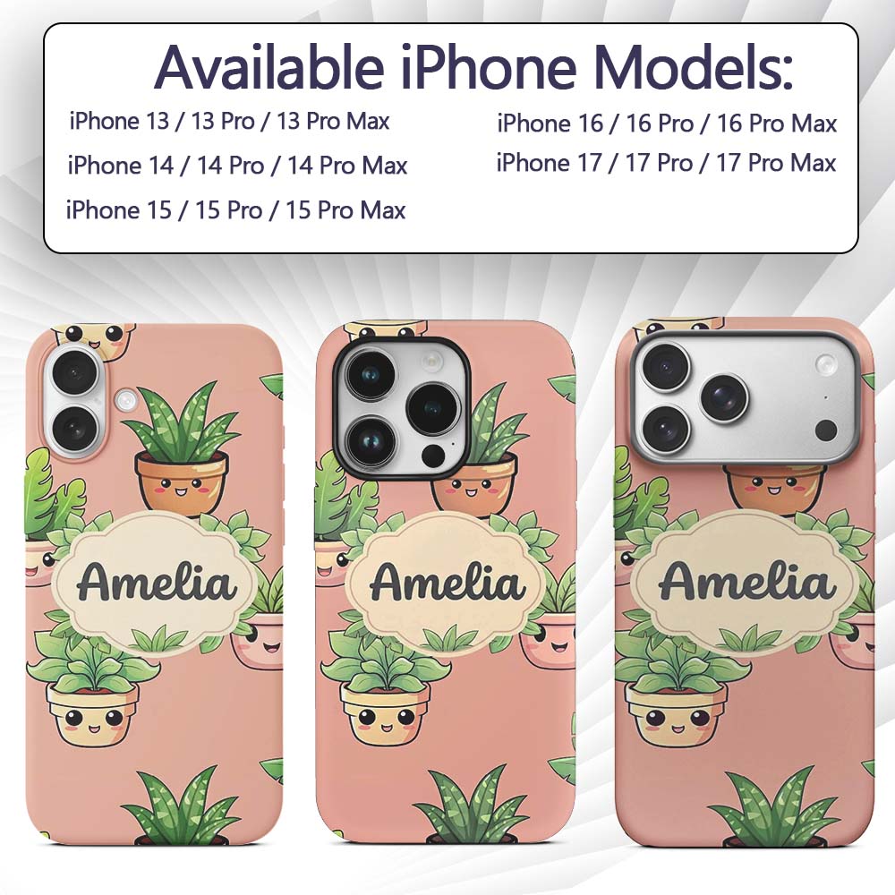Cute Kawaii Smiling Plant Pots Leaves Seamless Custom Name Protective Phone Case Mobile Cover Durable Everyday Smartphone Shock Resistant