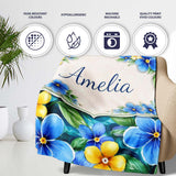 Blue and Yellow Floral Watercolor Garden Seamless Pattern Lovely  Personalised Custom Name Super Soft Fleece Blanket Bed Sofa Throw