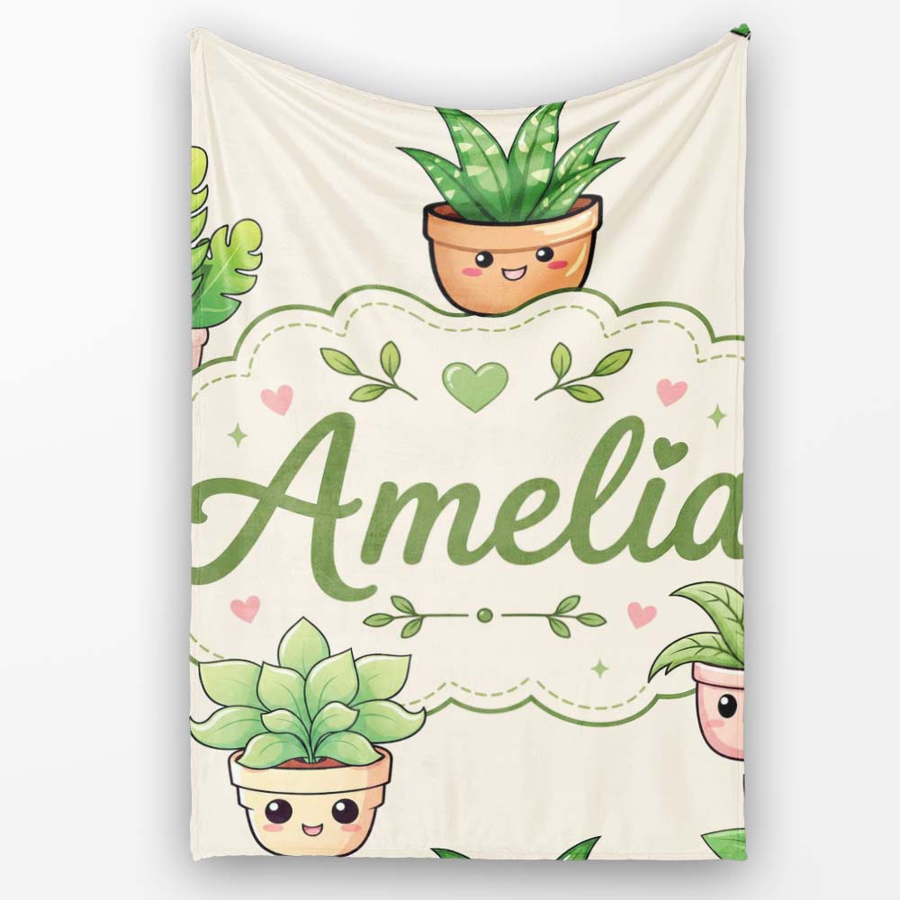 Cute Kawaii Smiling Plant Pots Leaves Seamless Pattern Cream Lovely  Personalised Custom Name Super Soft Fleece Blanket Bed Sofa Throw