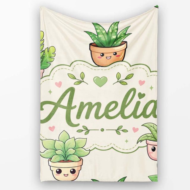 Cute Kawaii Smiling Plant Pots Leaves Seamless Pattern Cream Lovely  Personalised Custom Name Super Soft Fleece Blanket Bed Sofa Throw