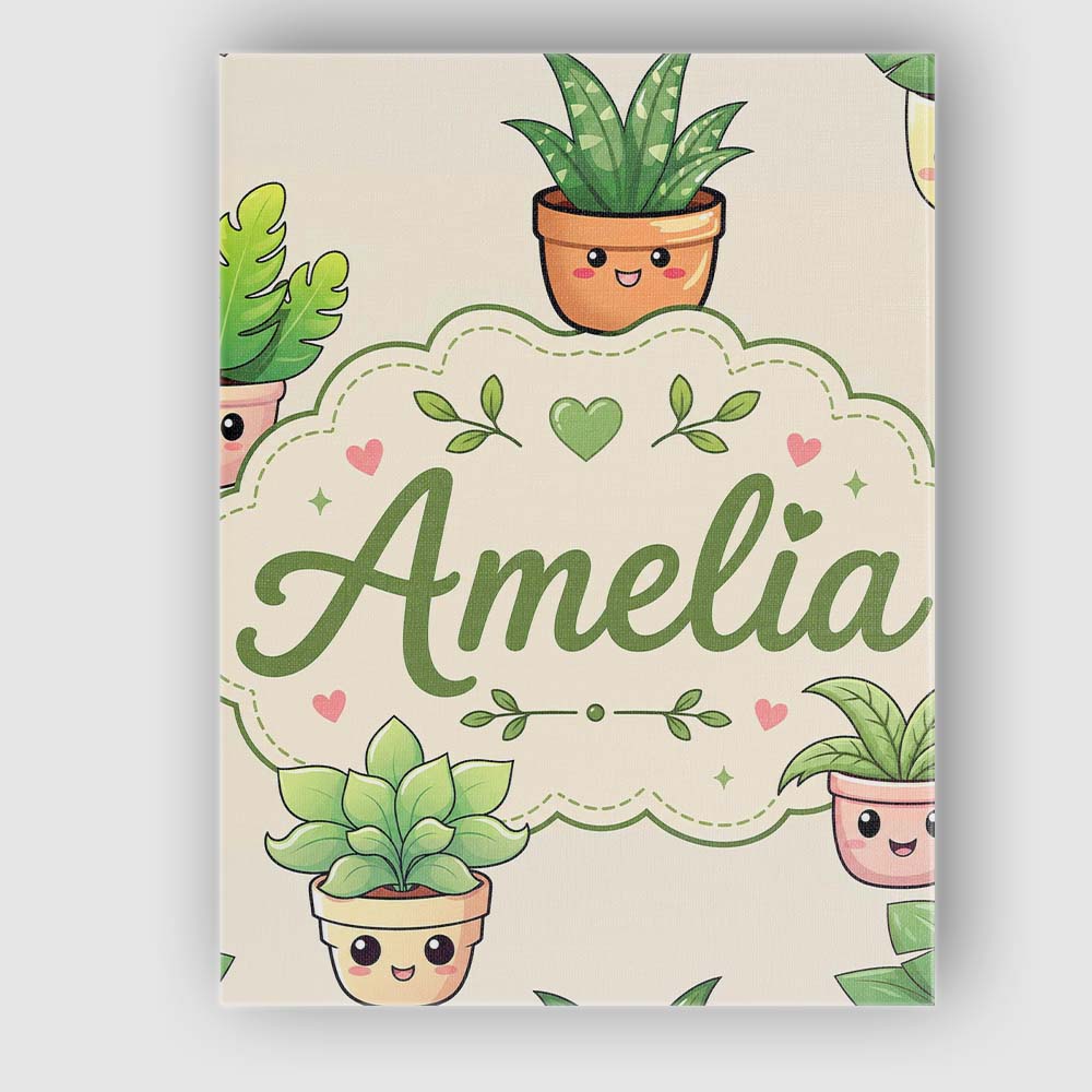Personalised Name Cute Kawaii Smiling Plant Custom  Bespoke Interior Contemporary Canvas Wall Art Print Decor Picture Ready to Hang