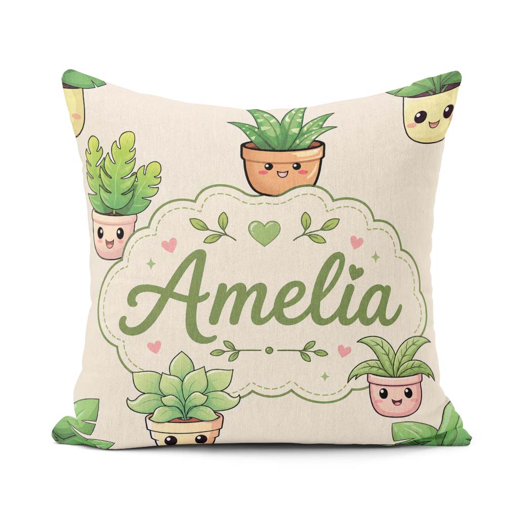 Custom Name Cute Kawaii Smiling Plant Pots Leaves Seamless Cream Square Filled Cushion Throw Pillow Sofa Bed Home Decor Zip Washable UK Made
