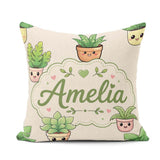 Custom Name Cute Kawaii Smiling Plant Pots Leaves Seamless Cream Square Filled Cushion Throw Pillow Sofa Bed Home Decor Zip Washable UK Made