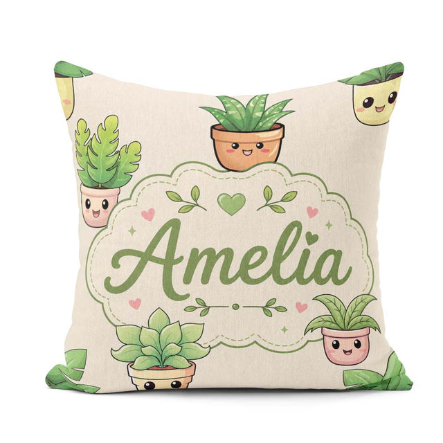 Custom Name Cute Kawaii Smiling Plant Pots Leaves Seamless Cream Square Filled Cushion Throw Pillow Sofa Bed Home Decor Zip Washable UK Made