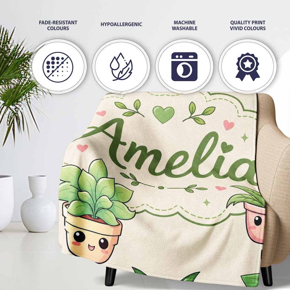 Cute Kawaii Smiling Plant Pots Leaves Seamless Pattern Cream Lovely  Personalised Custom Name Super Soft Fleece Blanket Bed Sofa Throw