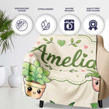 Cute Kawaii Smiling Plant Pots Leaves Seamless Pattern Cream Lovely  Personalised Custom Name Super Soft Fleece Blanket Bed Sofa Throw