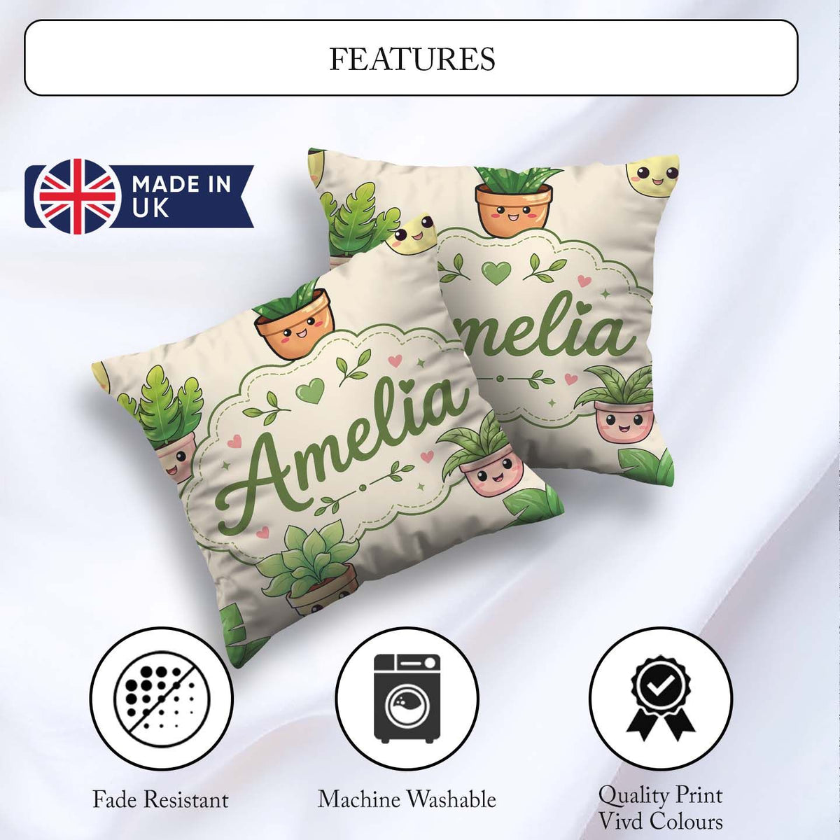 Custom Name Cute Kawaii Smiling Plant Pots Leaves Seamless Cream Square Filled Cushion Throw Pillow Sofa Bed Home Decor Zip Washable UK Made