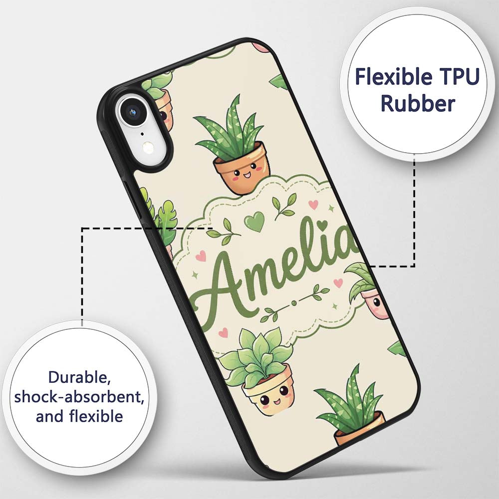 Cute Kawaii Smiling Plant Pots Leaves Seamless Custom Name Protective Phone Case Mobile Cover Durable Everyday Smartphone Shock Resistant