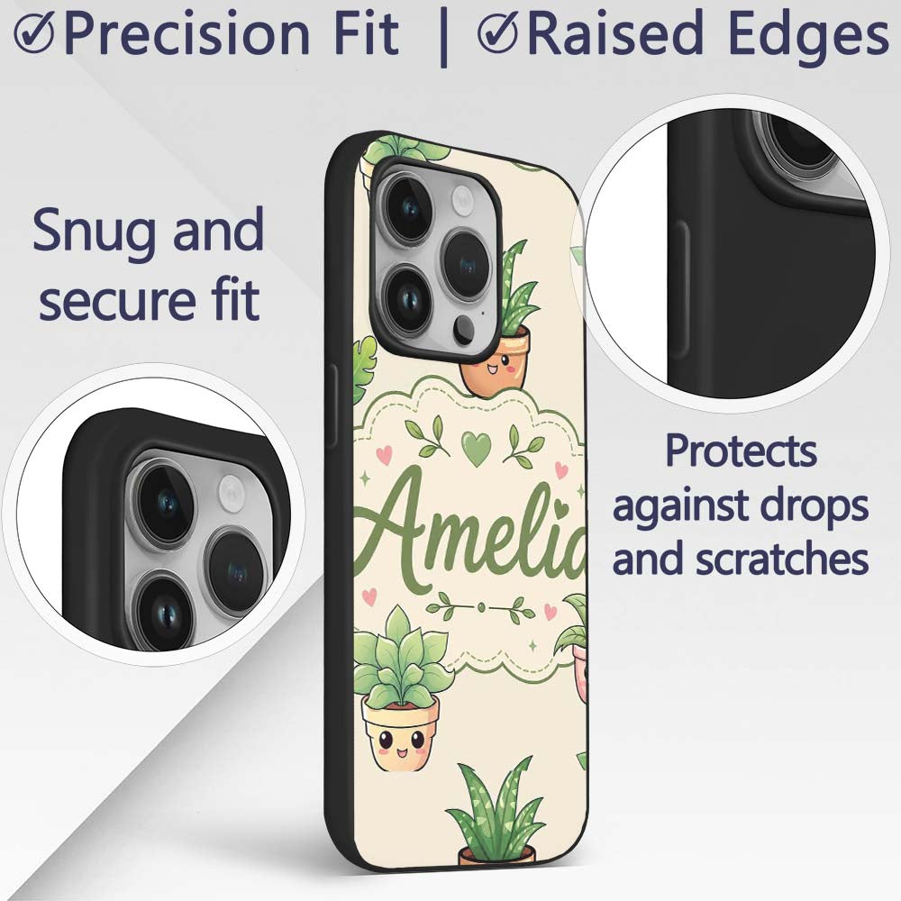Cute Kawaii Smiling Plant Pots Leaves Seamless Custom Name Protective Phone Case Mobile Cover Durable Everyday Smartphone Shock Resistant