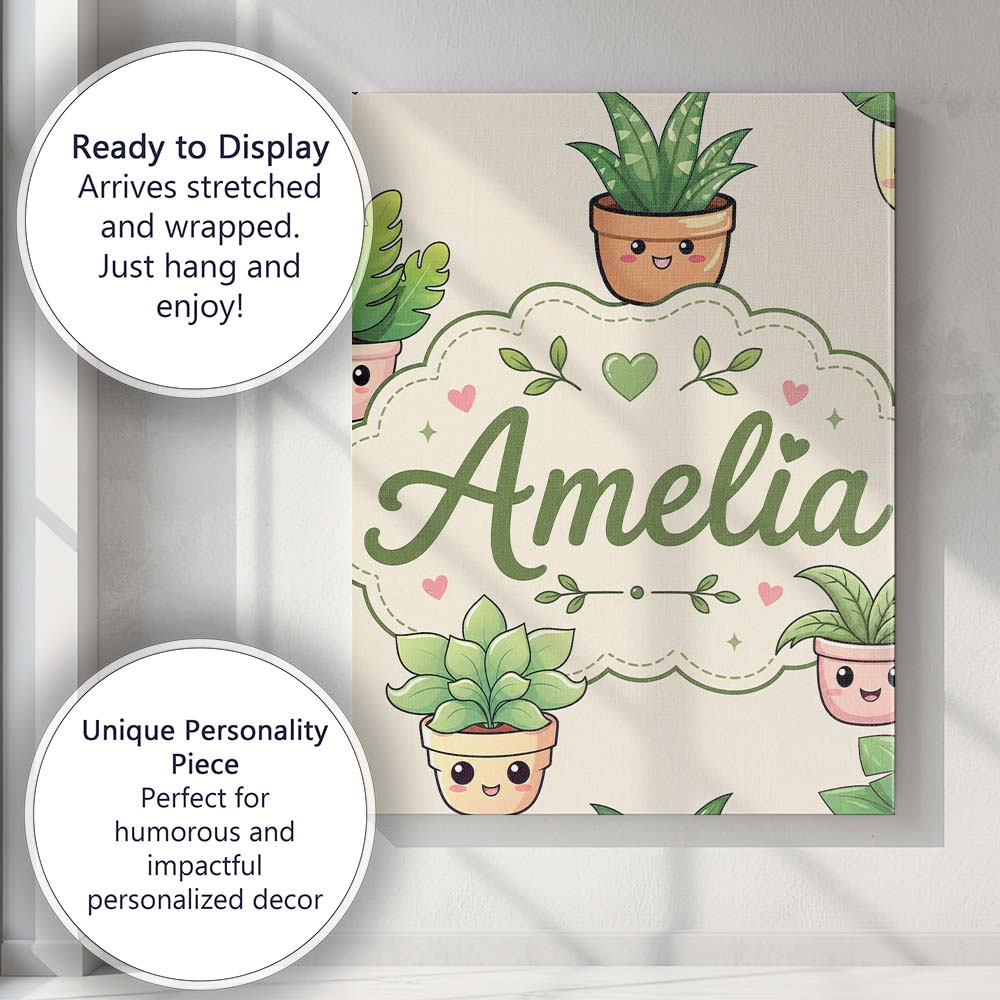 Personalised Name Cute Kawaii Smiling Plant Custom  Bespoke Interior Contemporary Canvas Wall Art Print Decor Picture Ready to Hang