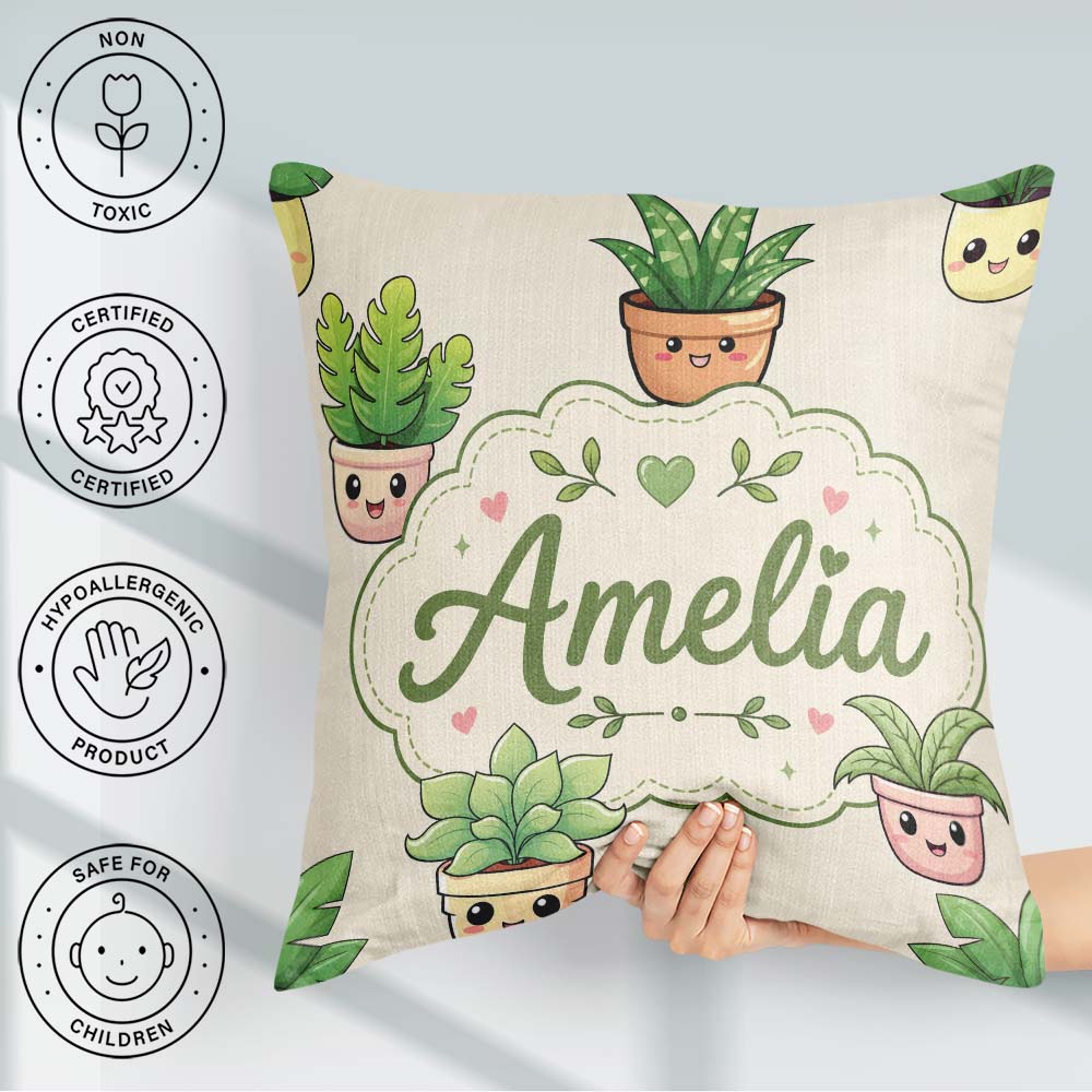 Custom Name Cute Kawaii Smiling Plant Pots Leaves Seamless Cream Square Filled Cushion Throw Pillow Sofa Bed Home Decor Zip Washable UK Made