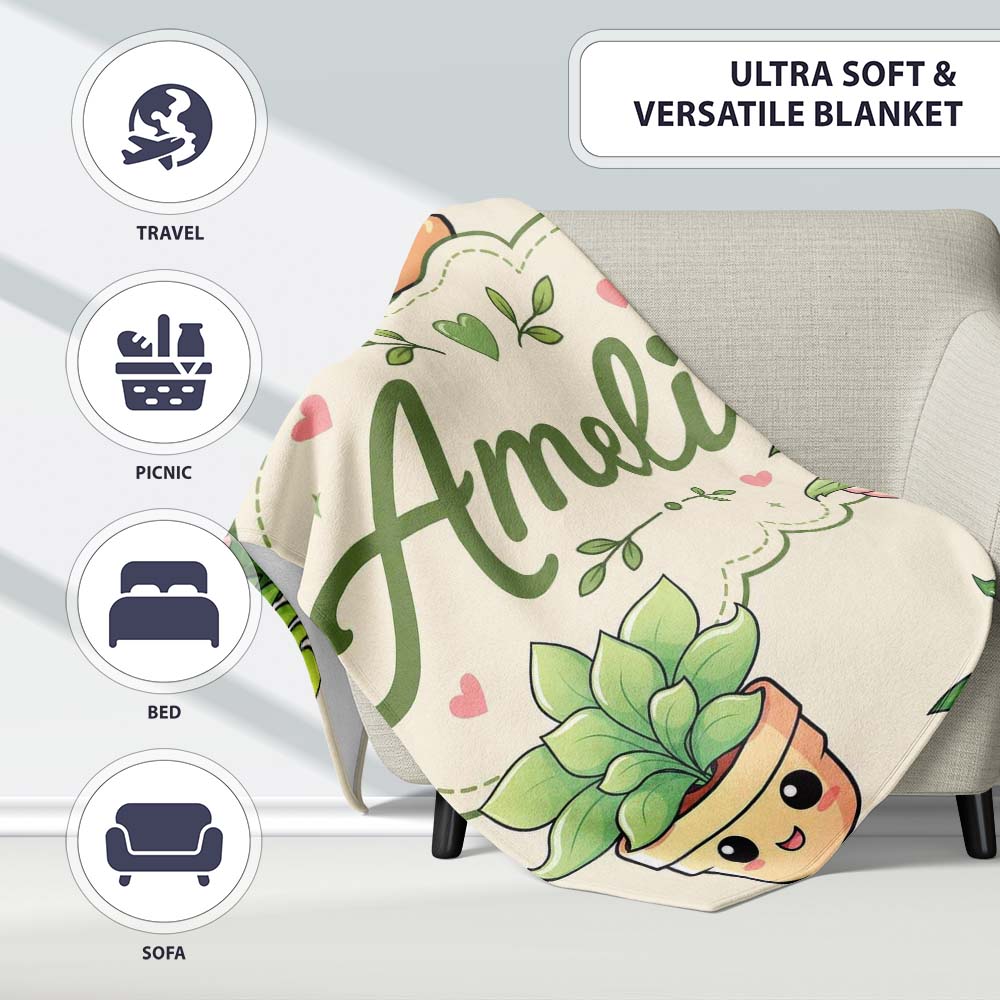Cute Kawaii Smiling Plant Pots Leaves Seamless Pattern Cream Lovely  Personalised Custom Name Super Soft Fleece Blanket Bed Sofa Throw