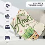 Cute Kawaii Smiling Plant Pots Leaves Seamless Pattern Cream Lovely  Personalised Custom Name Super Soft Fleece Blanket Bed Sofa Throw