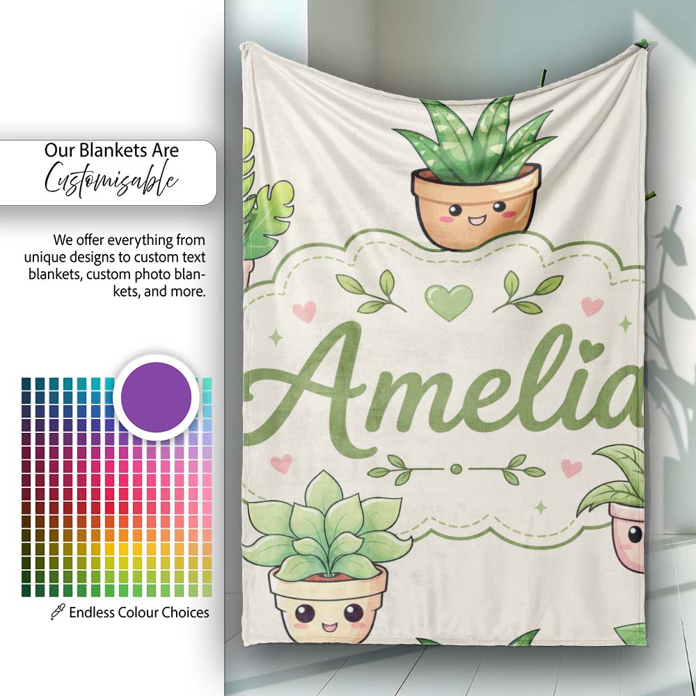 Cute Kawaii Smiling Plant Pots Leaves Seamless Pattern Cream Lovely  Personalised Custom Name Super Soft Fleece Blanket Bed Sofa Throw