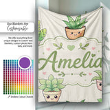 Cute Kawaii Smiling Plant Pots Leaves Seamless Pattern Cream Lovely  Personalised Custom Name Super Soft Fleece Blanket Bed Sofa Throw