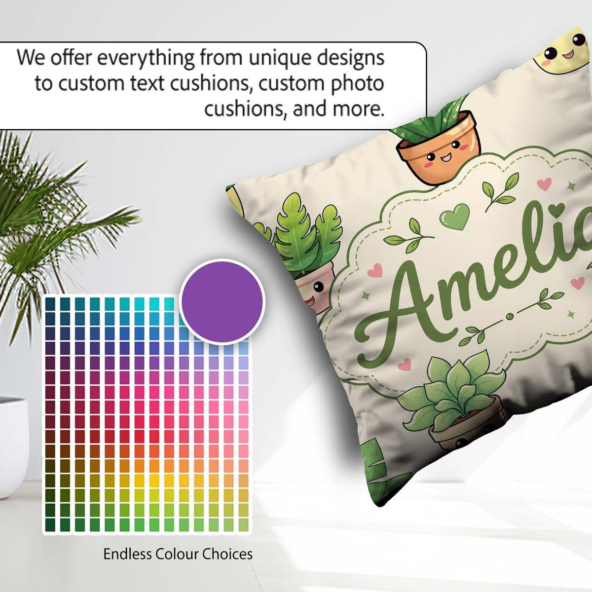 Custom Name Cute Kawaii Smiling Plant Pots Leaves Seamless Cream Square Filled Cushion Throw Pillow Sofa Bed Home Decor Zip Washable UK Made