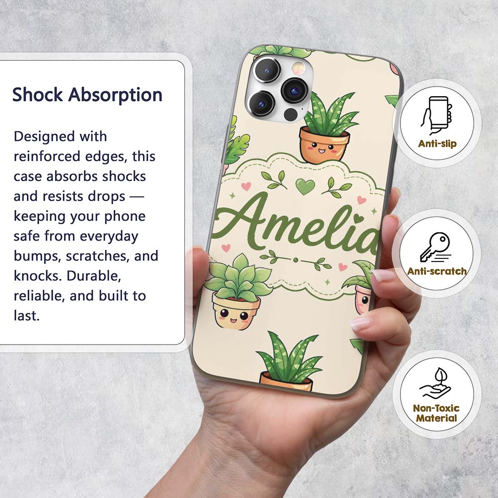 Cute Kawaii Smiling Plant Pots Leaves Seamless Custom Name Protective Phone Case Mobile Cover Durable Everyday Smartphone Shock Resistant