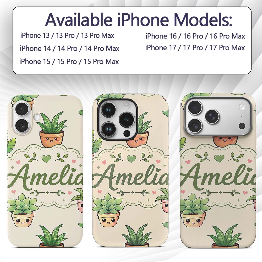 Cute Kawaii Smiling Plant Pots Leaves Seamless Custom Name Protective Phone Case Mobile Cover Durable Everyday Smartphone Shock Resistant