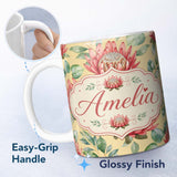 Personalized Custom Name Coral Protea Flowers on Soft Yellow Background Seamless Botanical 11oz Ceramic Coffee Tea Mug White Large Handle