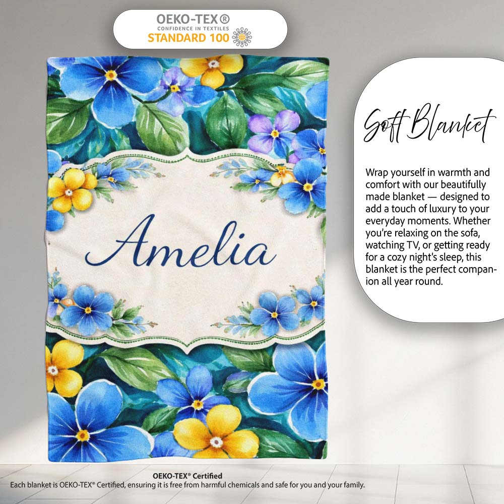 Blue and Yellow Floral Watercolor Garden Seamless Pattern Lovely  Personalised Custom Name Super Soft Fleece Blanket Bed Sofa Throw