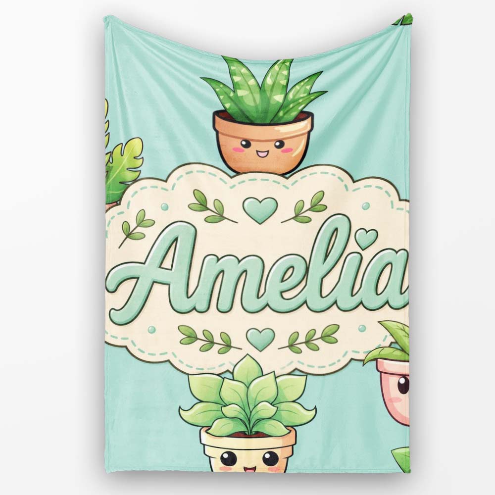 Cute Kawaii Smiling Plant Pots Leaves Seamless Pattern Mint Lovely  Personalised Custom Name Super Soft Fleece Blanket Bed Sofa Throw