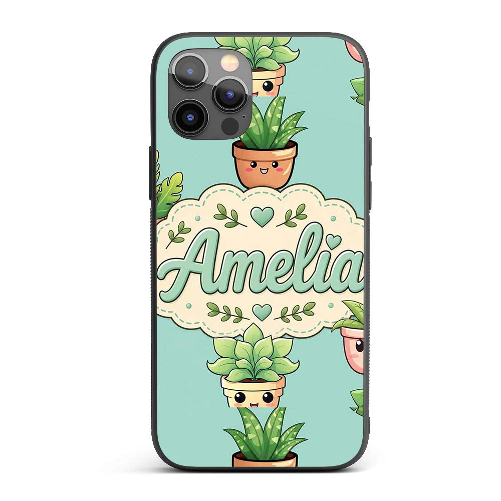 Cute Kawaii Smiling Plant Pots Leaves Seamless Custom Name Protective Phone Case Mobile Cover Durable Everyday Smartphone Shock Resistant