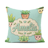 Custom Name Cute Kawaii Smiling Plant Pots Seamless Pattern Mint Square Filled Cushion Throw Pillow Sofa Bed Home Decor Zip Washable UK Made