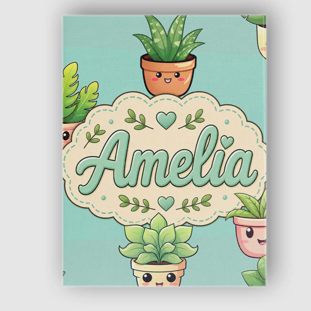 Personalised Name Cute Kawaii Smiling Plant Custom  Bespoke Interior Contemporary Canvas Wall Art Print Decor Picture Ready to Hang