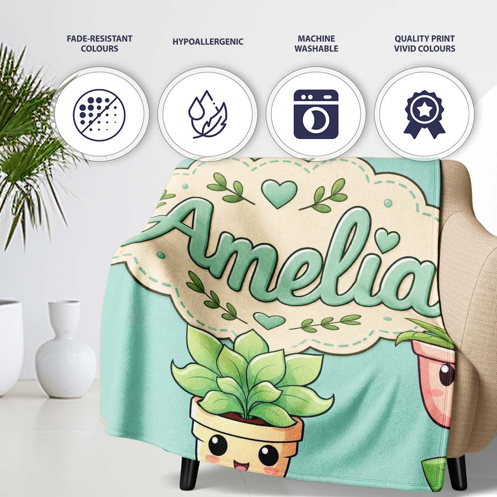 Cute Kawaii Smiling Plant Pots Leaves Seamless Pattern Mint Lovely  Personalised Custom Name Super Soft Fleece Blanket Bed Sofa Throw