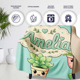 Cute Kawaii Smiling Plant Pots Leaves Seamless Pattern Mint Lovely  Personalised Custom Name Super Soft Fleece Blanket Bed Sofa Throw