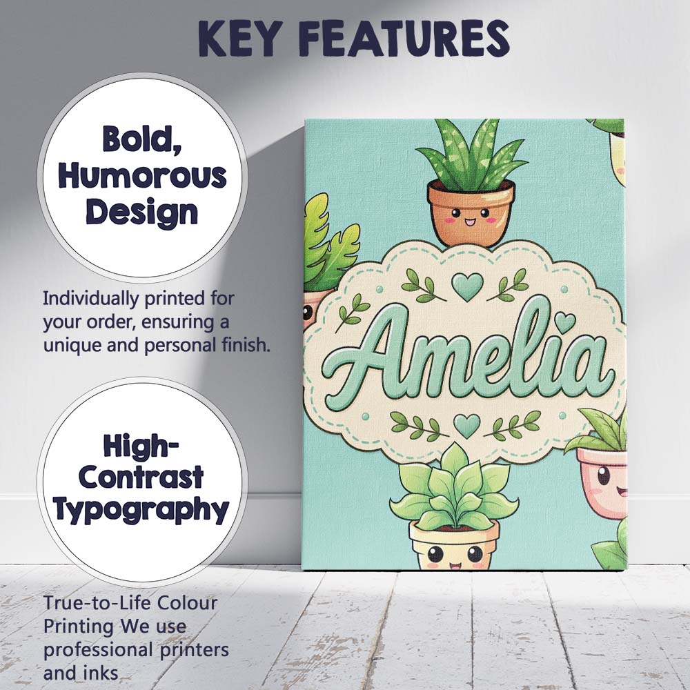 Personalised Name Cute Kawaii Smiling Plant Custom  Bespoke Interior Contemporary Canvas Wall Art Print Decor Picture Ready to Hang