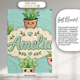 Cute Kawaii Smiling Plant Pots Leaves Seamless Pattern Mint Lovely  Personalised Custom Name Super Soft Fleece Blanket Bed Sofa Throw