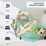 Cute Kawaii Smiling Plant Pots Leaves Seamless Pattern Mint Lovely  Personalised Custom Name Super Soft Fleece Blanket Bed Sofa Throw