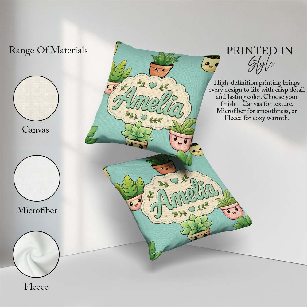 Custom Name Cute Kawaii Smiling Plant Pots Seamless Pattern Mint Square Filled Cushion Throw Pillow Sofa Bed Home Decor Zip Washable UK Made