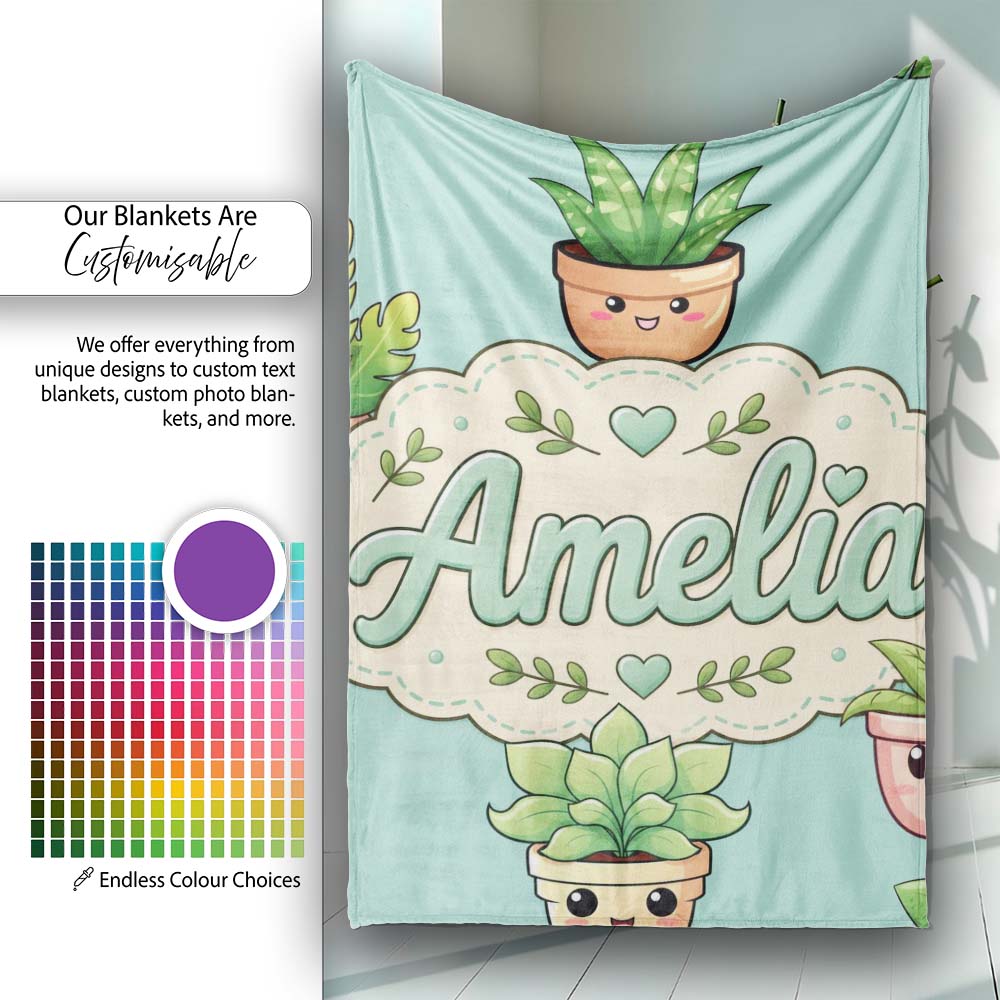 Cute Kawaii Smiling Plant Pots Leaves Seamless Pattern Mint Lovely  Personalised Custom Name Super Soft Fleece Blanket Bed Sofa Throw