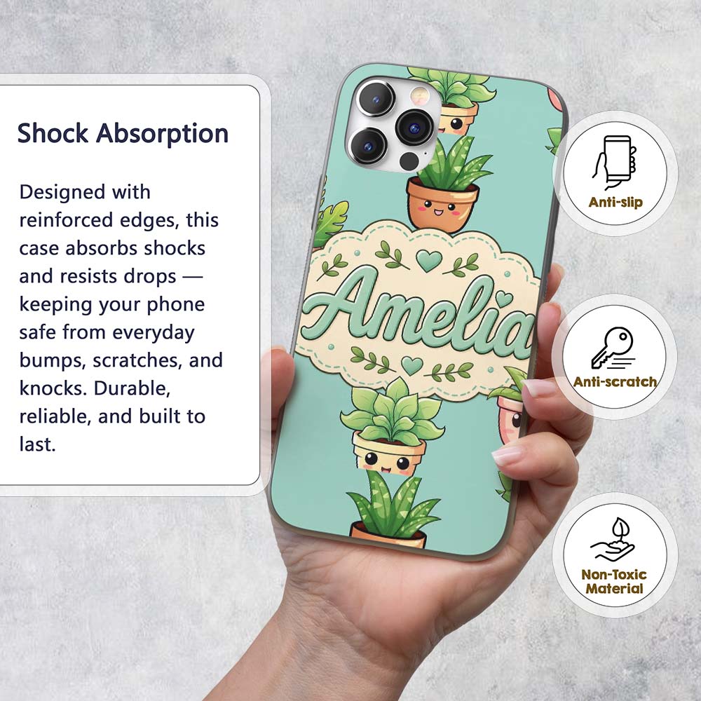 Cute Kawaii Smiling Plant Pots Leaves Seamless Custom Name Protective Phone Case Mobile Cover Durable Everyday Smartphone Shock Resistant