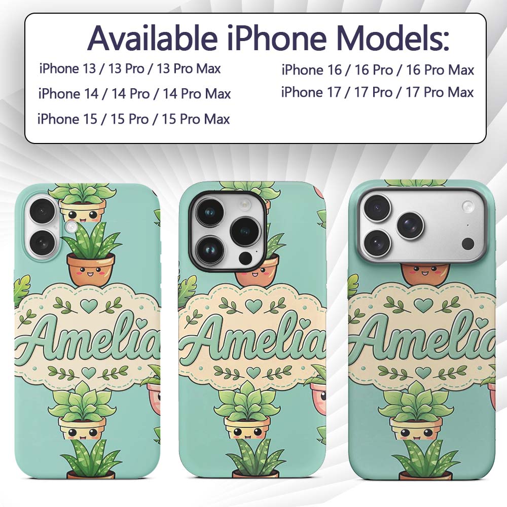 Cute Kawaii Smiling Plant Pots Leaves Seamless Custom Name Protective Phone Case Mobile Cover Durable Everyday Smartphone Shock Resistant