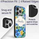 Blue and Yellow Floral Watercolor Garden Seamless Custom Name Protective Phone Case Mobile Cover Durable Everyday Smartphone Shock Resistant