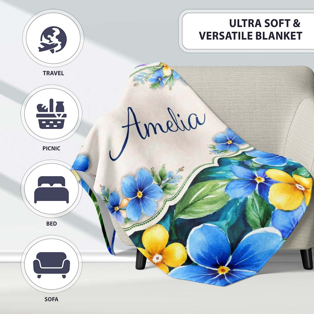 Blue and Yellow Floral Watercolor Garden Seamless Pattern Lovely  Personalised Custom Name Super Soft Fleece Blanket Bed Sofa Throw
