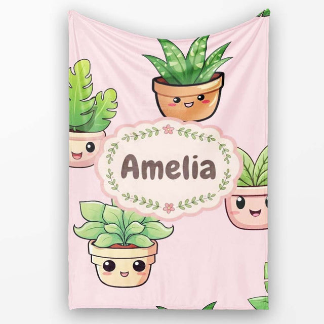 Cute Kawaii Smiling Plant Pots Leaves Seamless Pattern Blush Lovely  Personalised Custom Name Super Soft Fleece Blanket Bed Sofa Throw