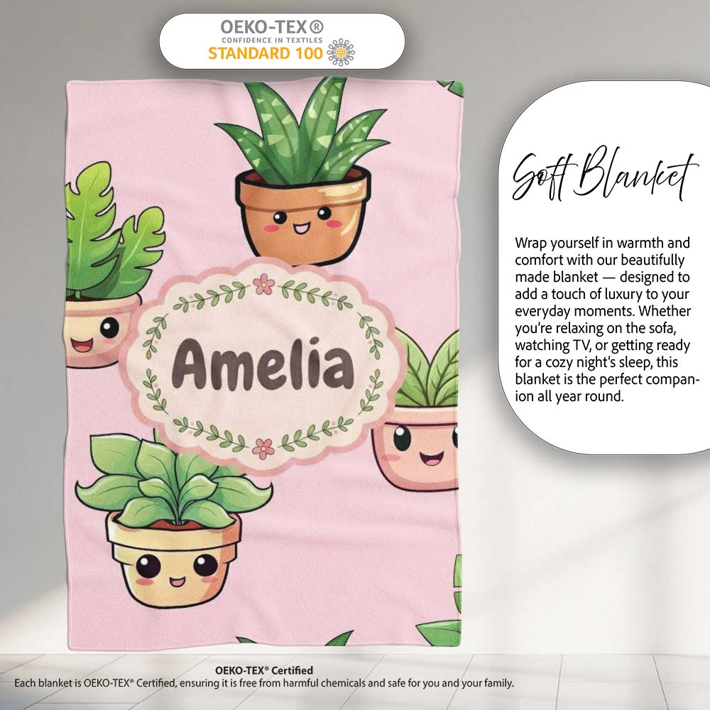 Cute Kawaii Smiling Plant Pots Leaves Seamless Pattern Blush Lovely  Personalised Custom Name Super Soft Fleece Blanket Bed Sofa Throw