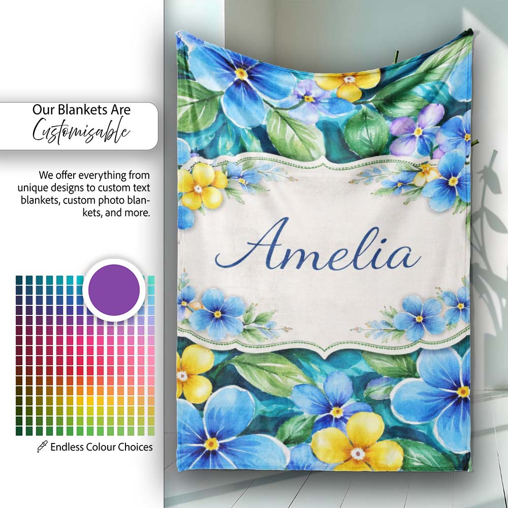 Blue and Yellow Floral Watercolor Garden Seamless Pattern Lovely  Personalised Custom Name Super Soft Fleece Blanket Bed Sofa Throw