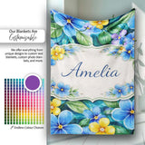 Blue and Yellow Floral Watercolor Garden Seamless Pattern Lovely  Personalised Custom Name Super Soft Fleece Blanket Bed Sofa Throw