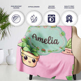 Cute Kawaii Smiling Plant Pots Leaves Seamless Pattern Pink Lovely  Personalised Custom Name Super Soft Fleece Blanket Bed Sofa Throw