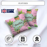 Custom Name Cute Kawaii Smiling Plant Pots Seamless Pattern Pink Square Filled Cushion Throw Pillow Sofa Bed Home Decor Zip Washable UK Made