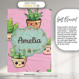Cute Kawaii Smiling Plant Pots Leaves Seamless Pattern Pink Lovely  Personalised Custom Name Super Soft Fleece Blanket Bed Sofa Throw