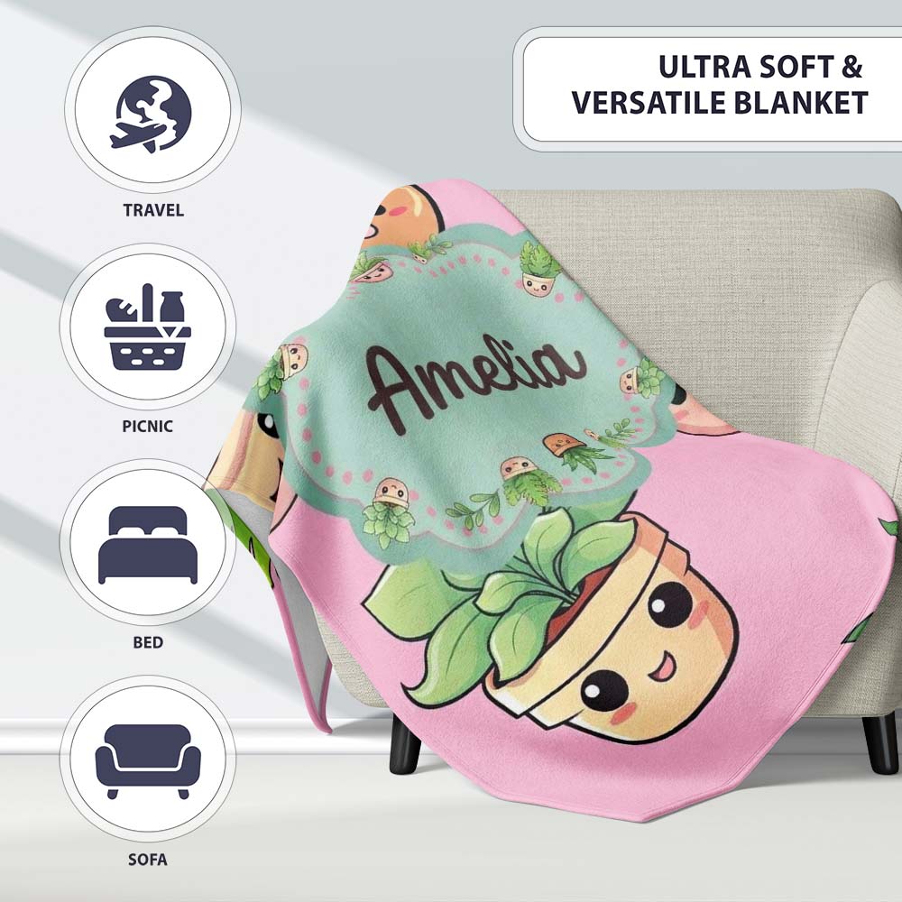 Cute Kawaii Smiling Plant Pots Leaves Seamless Pattern Pink Lovely  Personalised Custom Name Super Soft Fleece Blanket Bed Sofa Throw